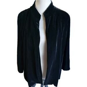 Eileen Fisher Blazer Jacket‎ Womens L Black Velvet Silk Blend Open Lined Career